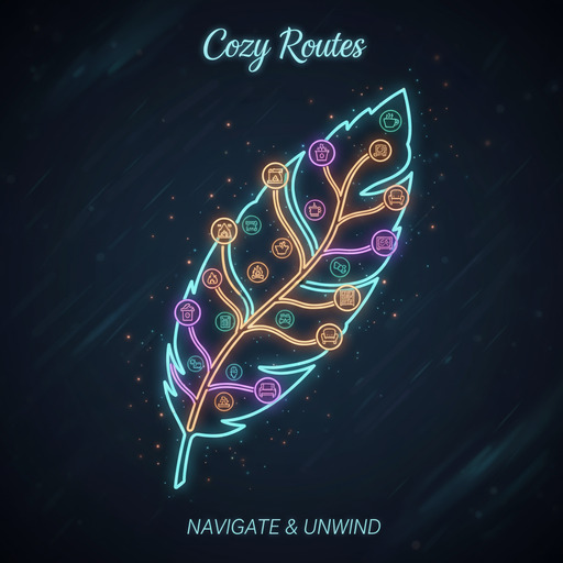 Feather-shaped neon map indicating cozy routes