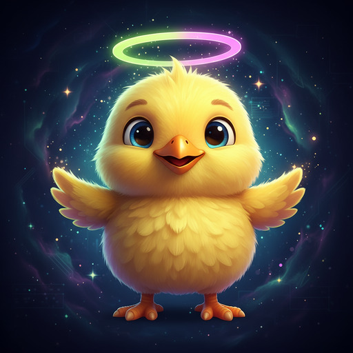 Friendly hatch mascot with lime-violet halo