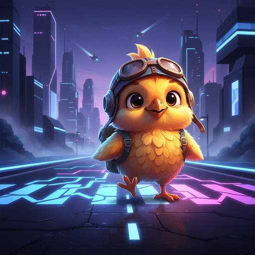 Mascot chick near a glowing crosswalk